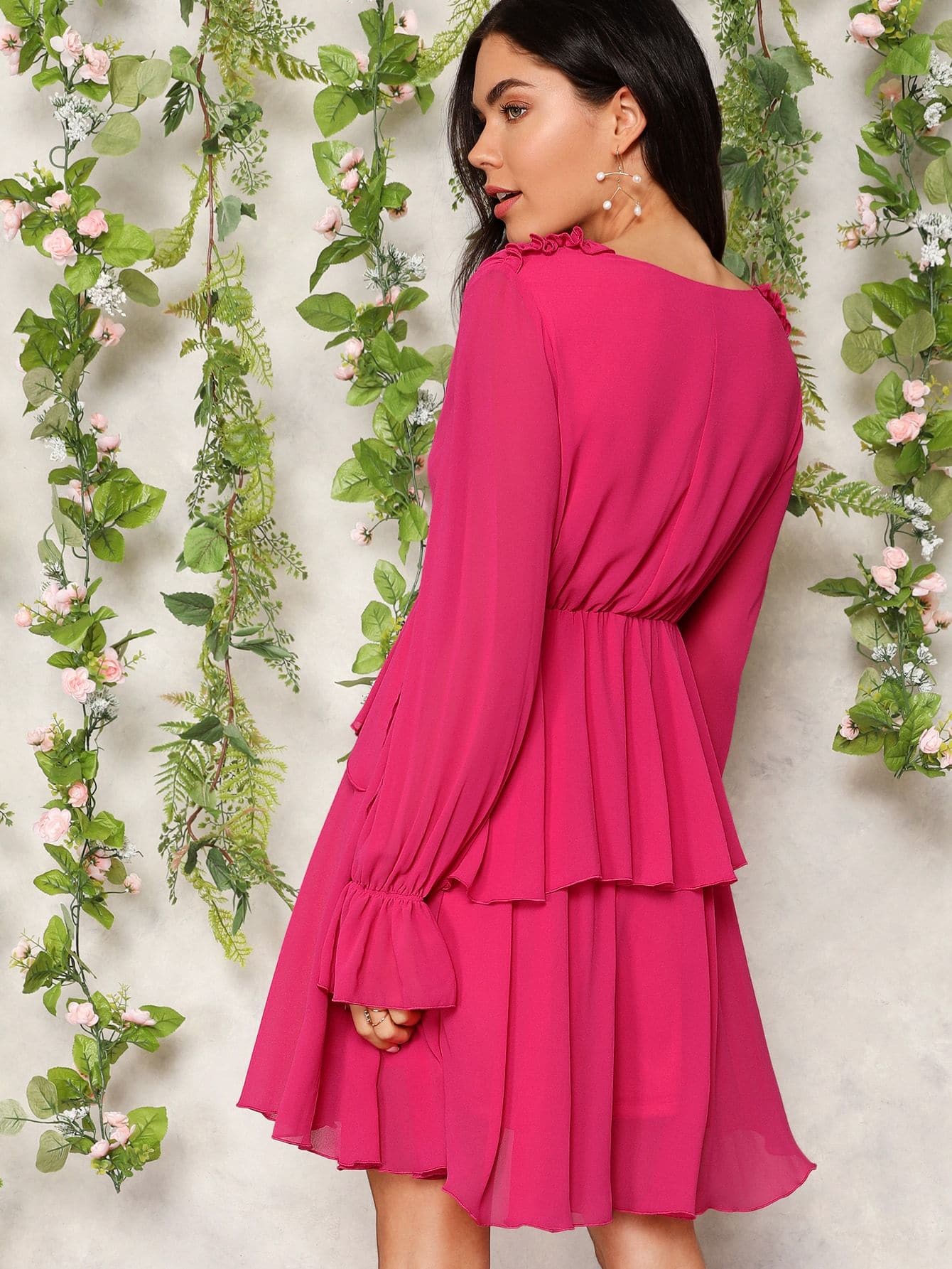 Hot Pink Polyester V Neck Frill Detail Surplice Wrap Dress
