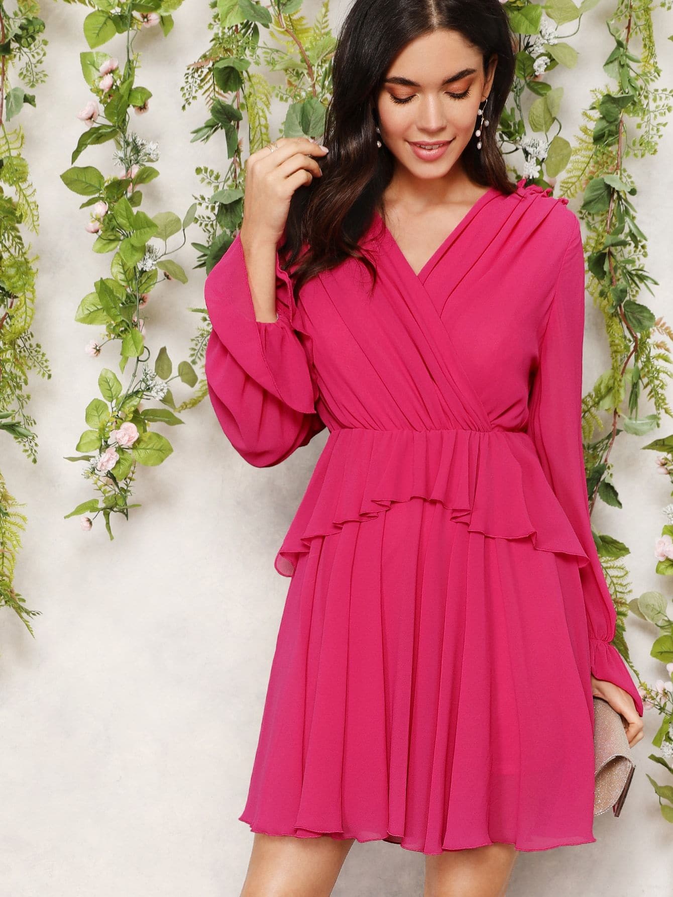 Hot Pink Polyester V Neck Frill Detail Surplice Wrap Dress