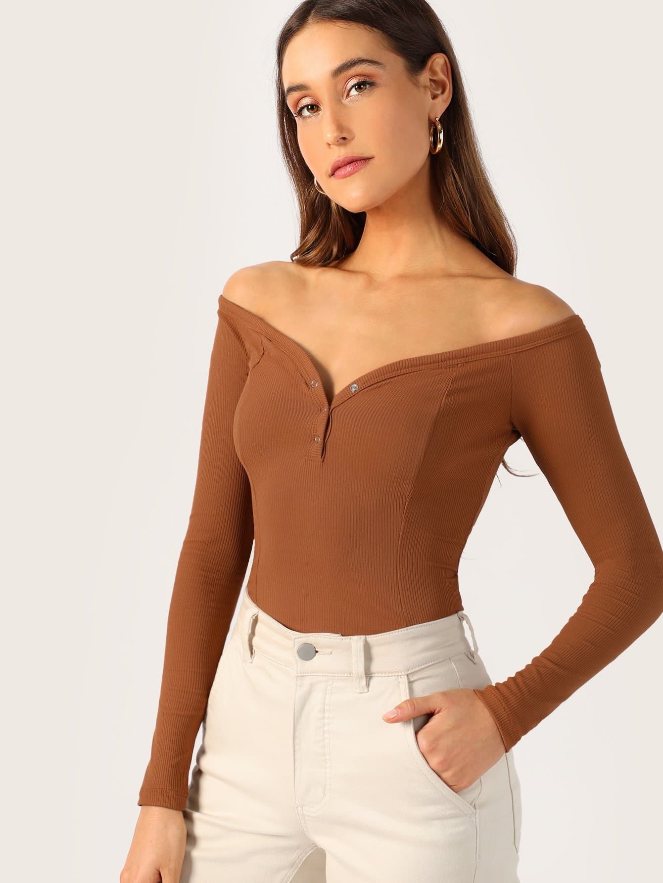 Off Shoulder Press Buttoned Front Rib-knit Bardot Tee Top