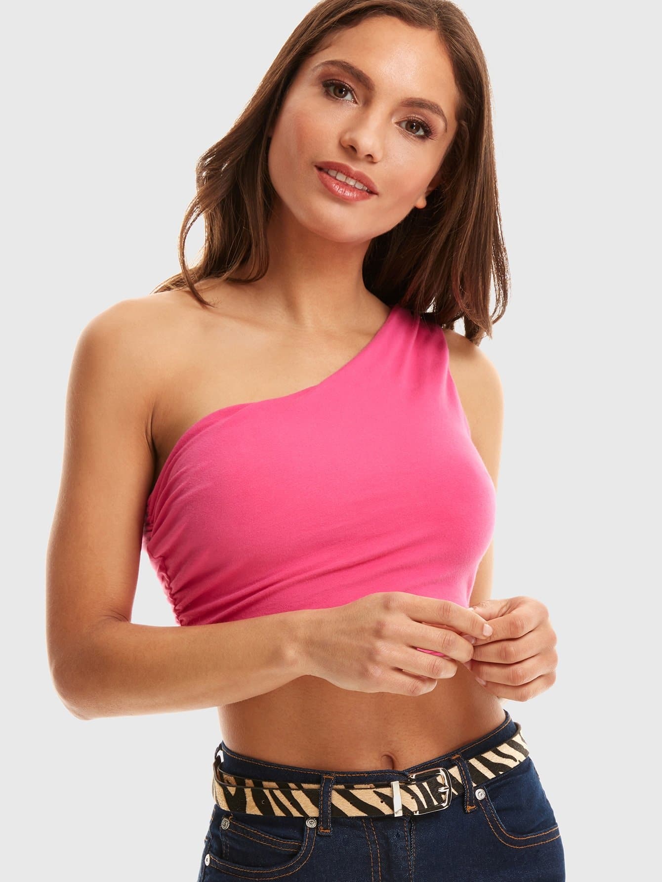 Hot Pink One Shoulder Ruched Solid Top