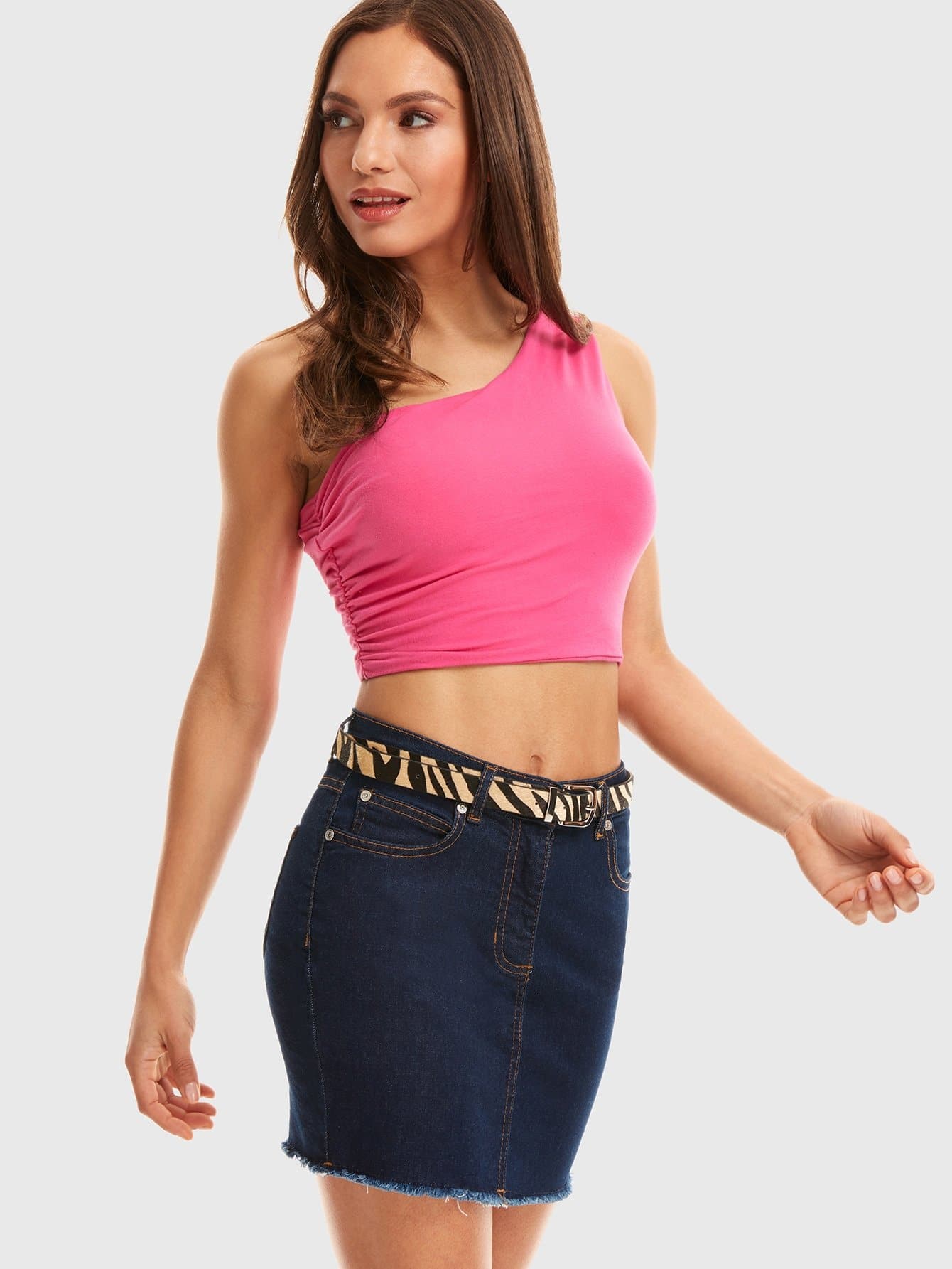 Hot Pink One Shoulder Ruched Solid Top