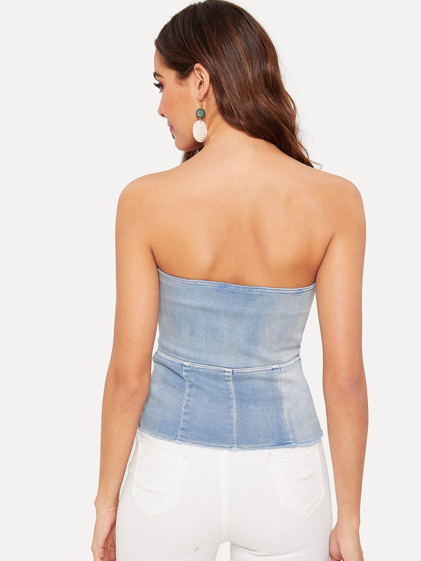 Blue Sleeveless Bleach Dye Buttoned Peplum Bandeau Denim Top