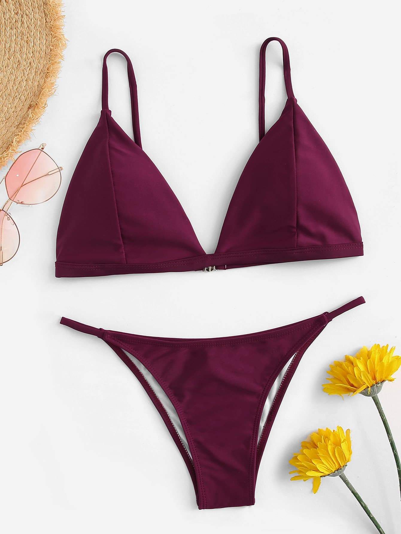 Spaghetti Strap Low Rise Seam Top With Tanga Bikini Swimwear
