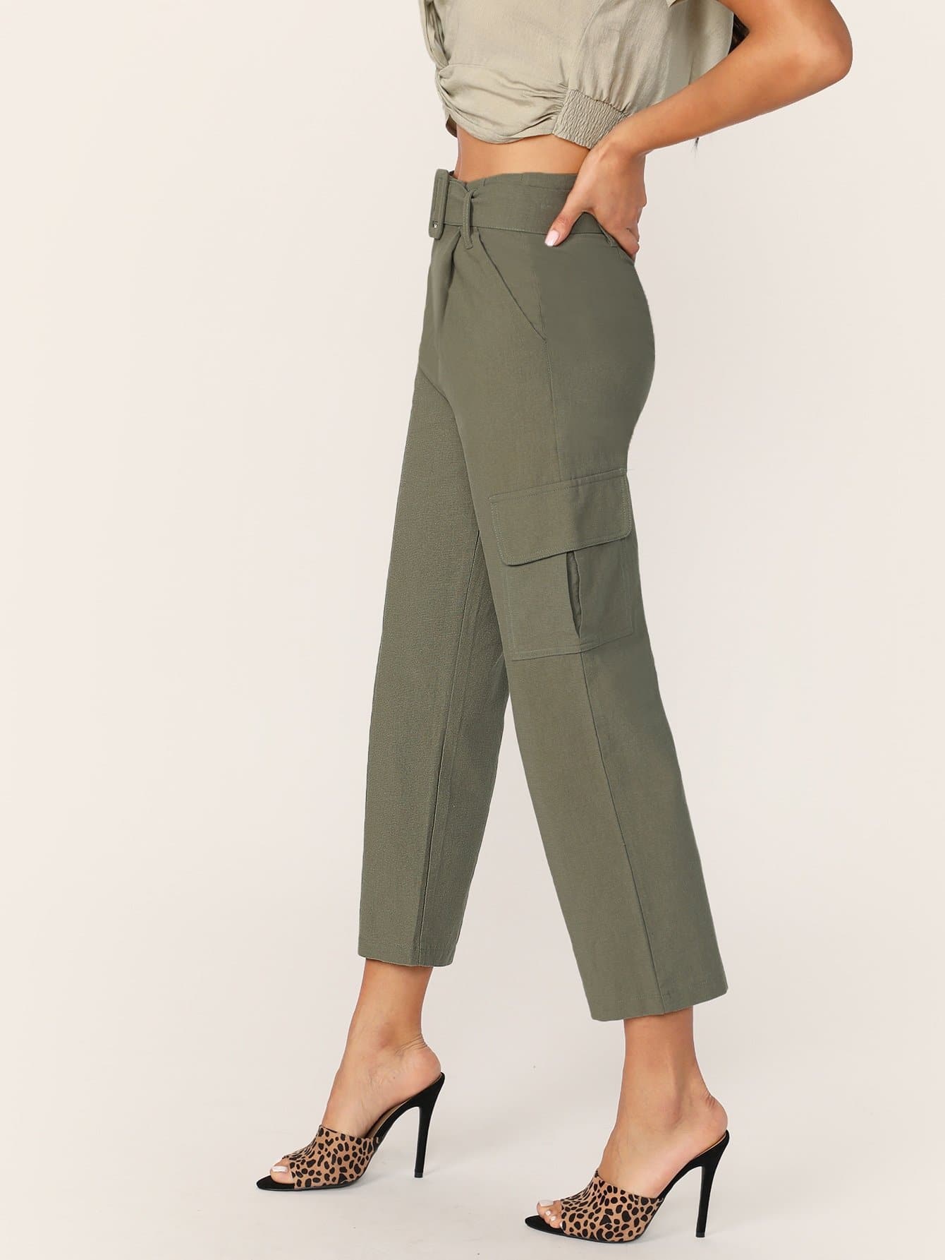Green Belted Waist Side Cargo Pocket Pants