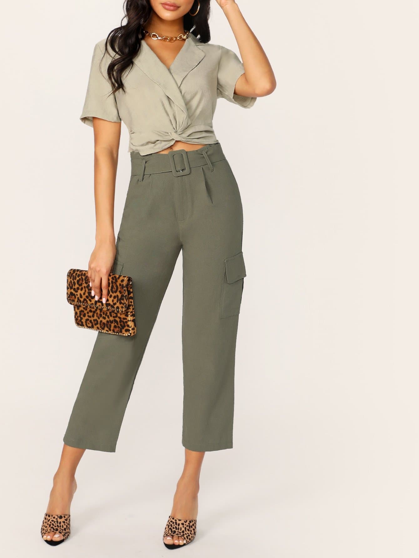 Green Belted Waist Side Cargo Pocket Pants