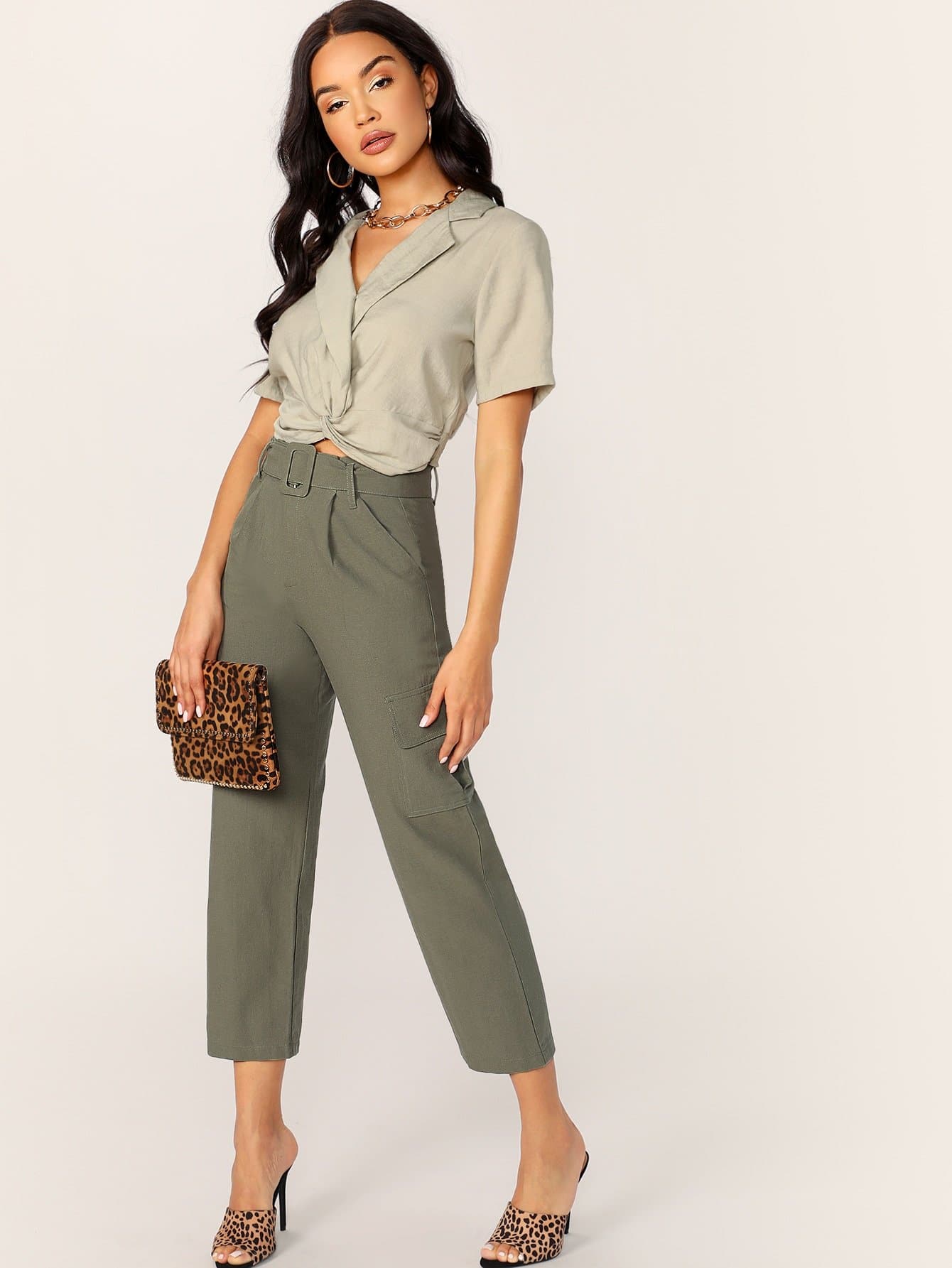 Green Belted Waist Side Cargo Pocket Pants