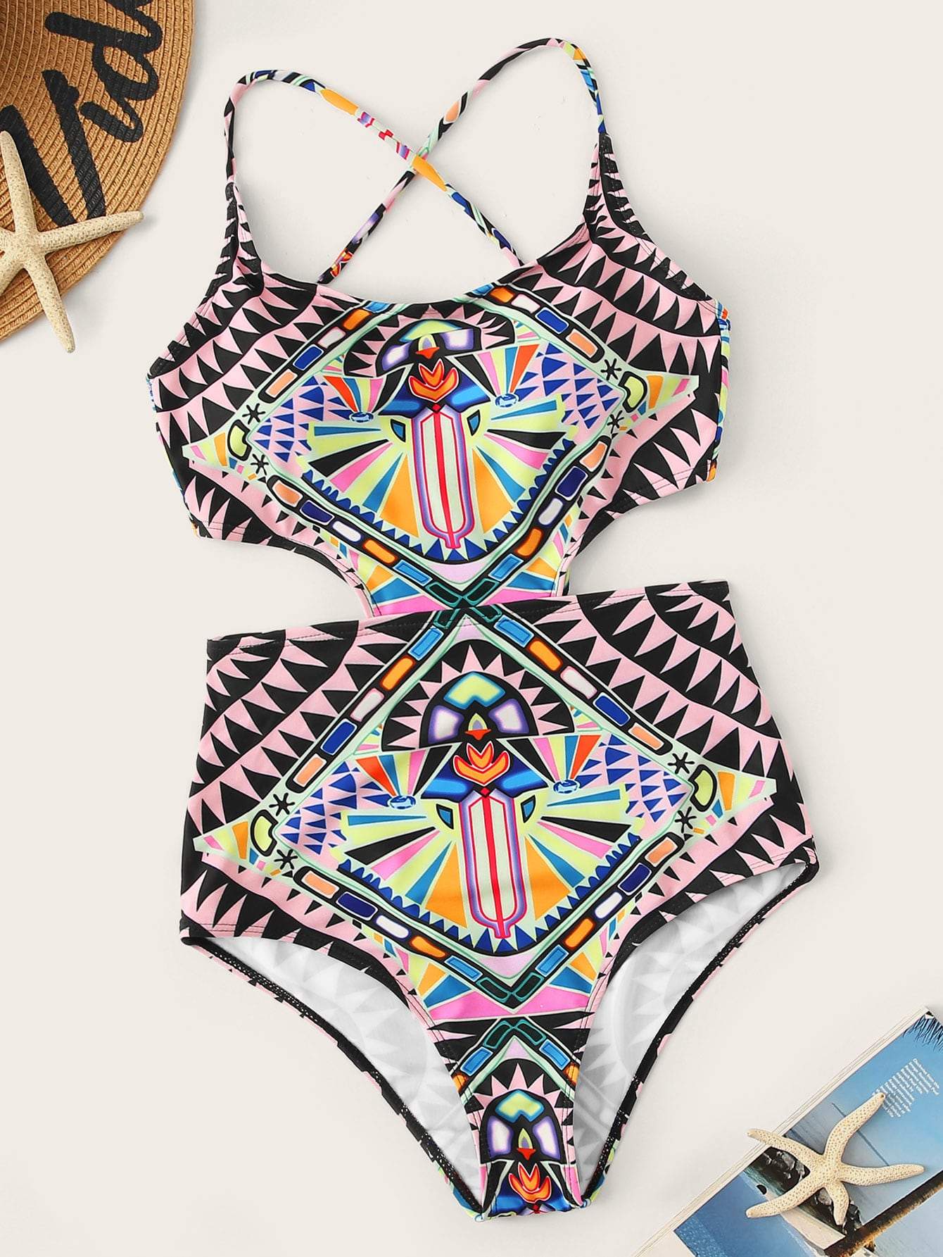 Geometric Spaghetti Strap Tribal Print Crisscross Lace-Up One-Piece Swimsuit