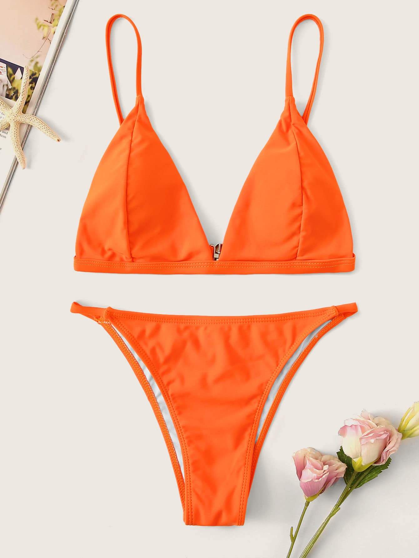 Spaghetti Strap Low Rise Seam Top With Tanga Bikini Swimwear