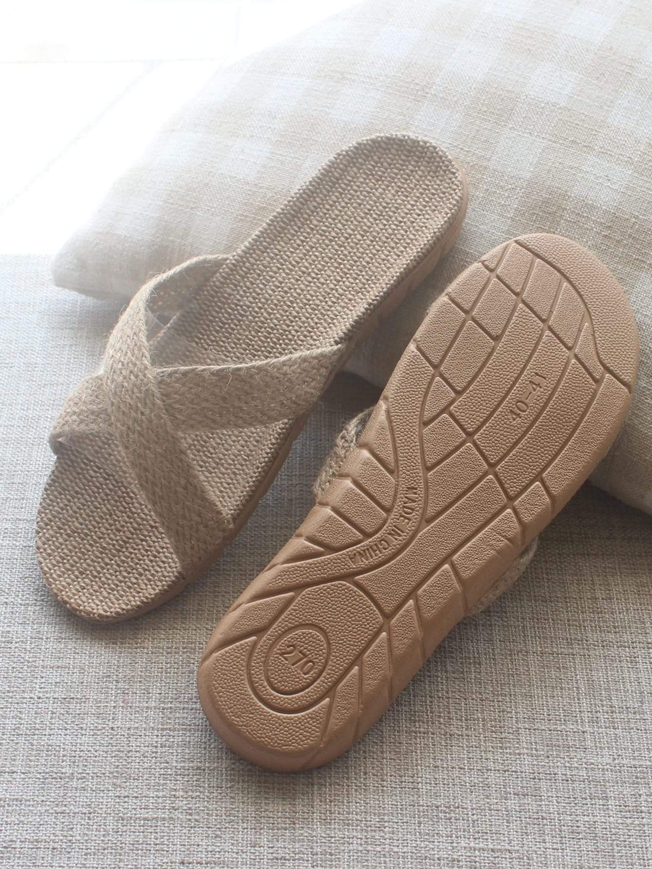 Khaki Cross Strap Linen Slippers