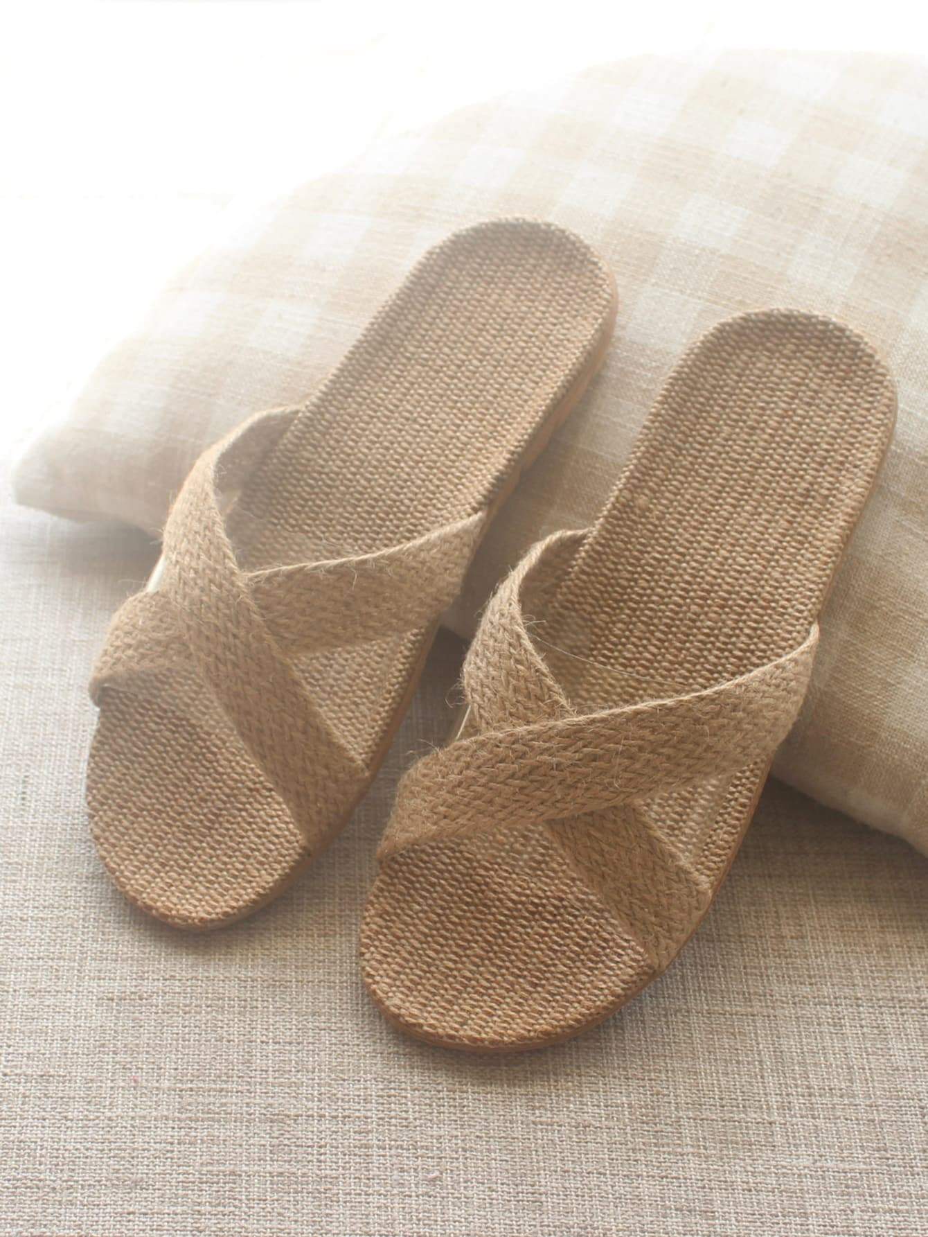 Khaki Cross Strap Linen Slippers