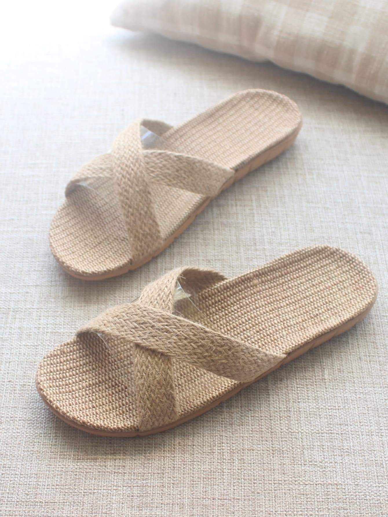 Khaki Cross Strap Linen Slippers