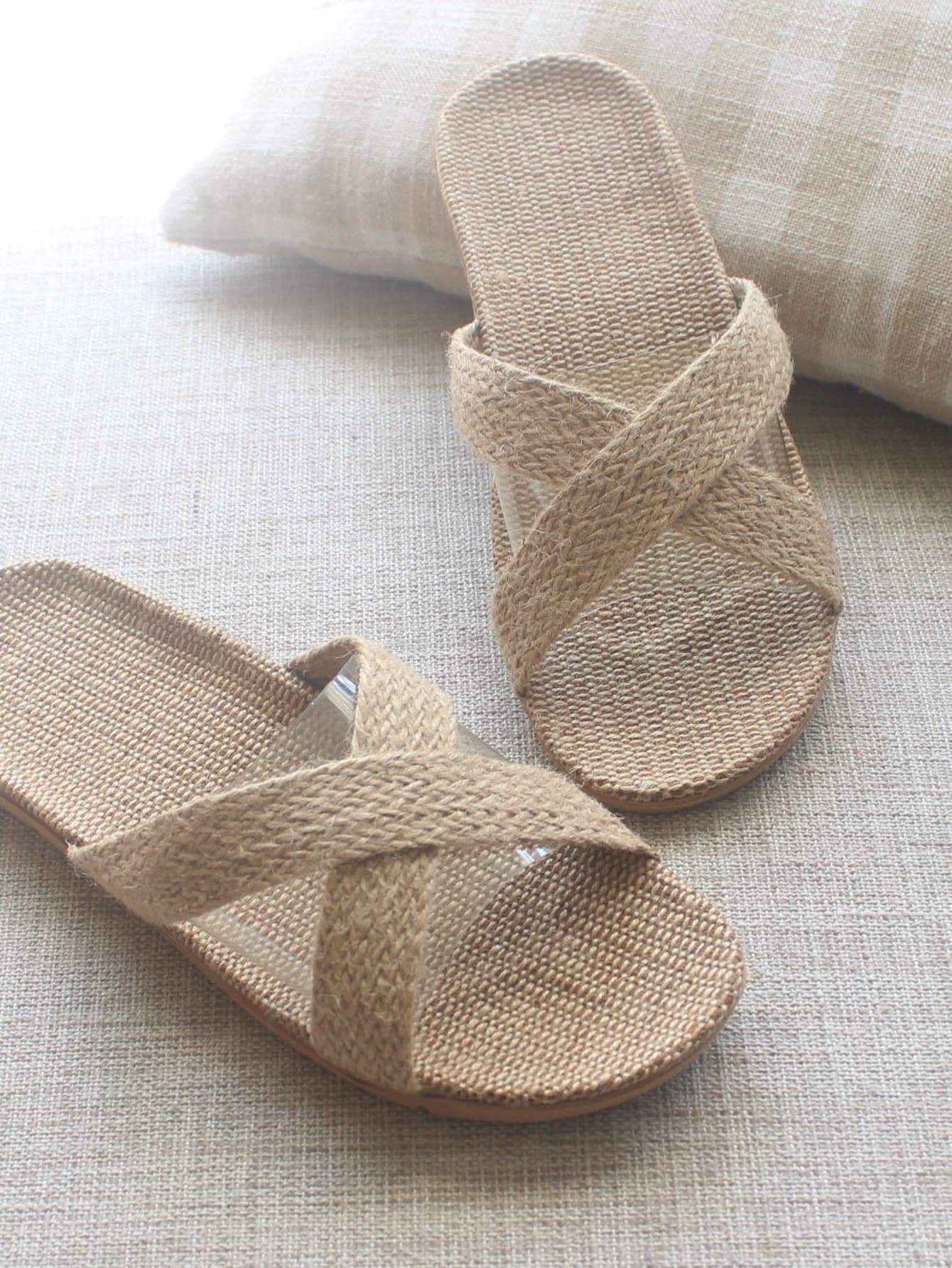 Khaki Cross Strap Linen Slippers