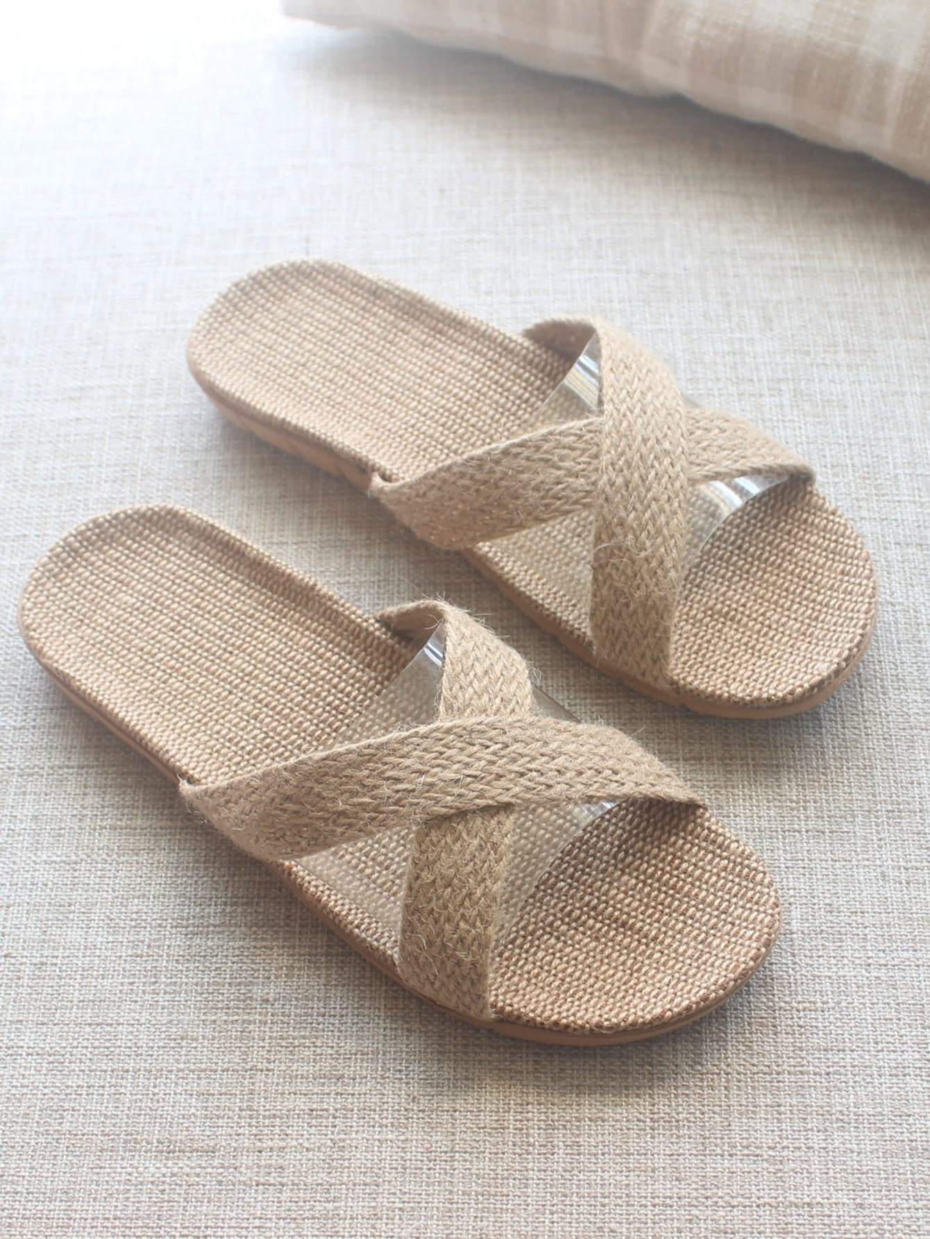 Khaki Cross Strap Linen Slippers