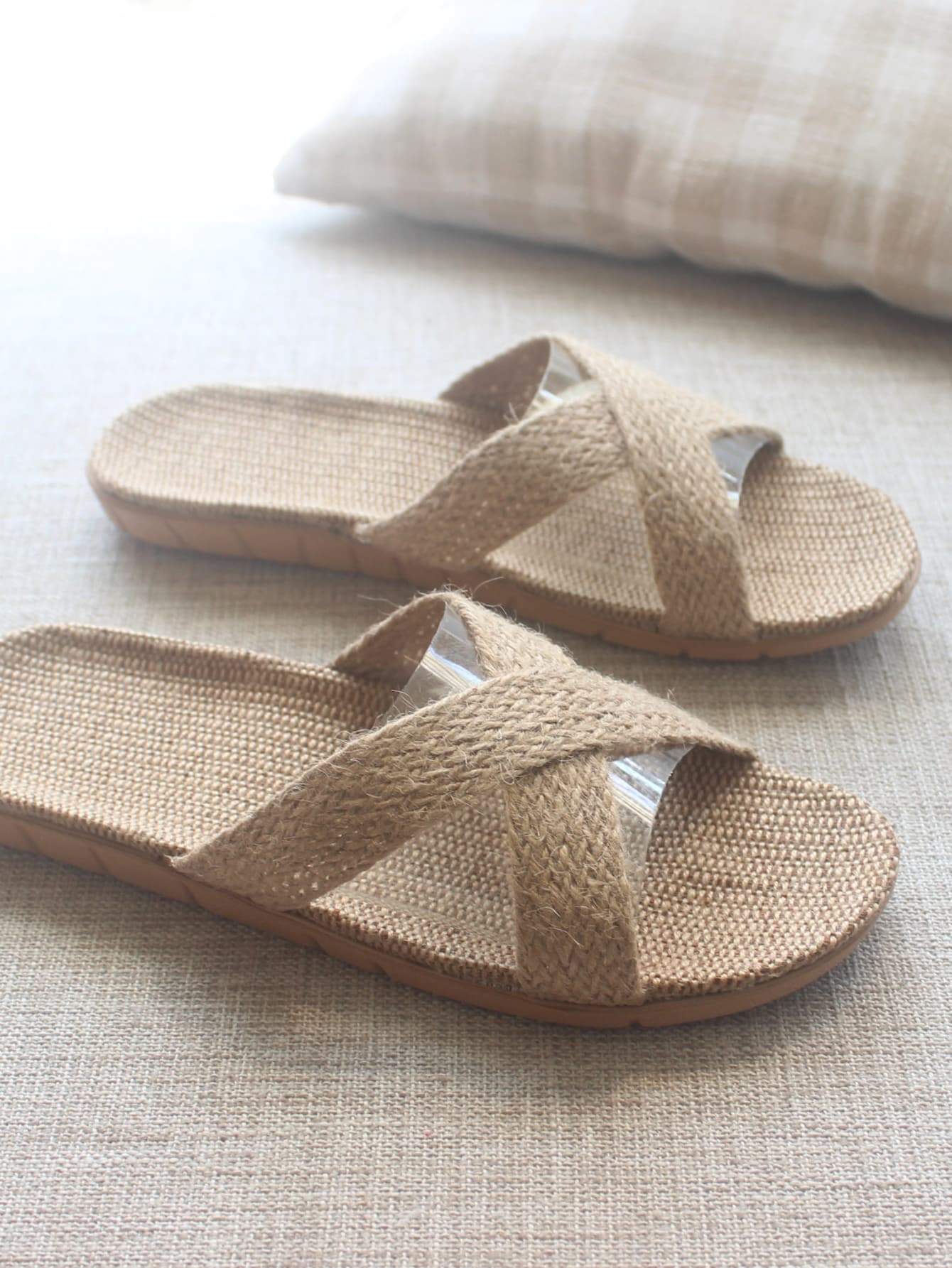 Khaki Cross Strap Linen Slippers