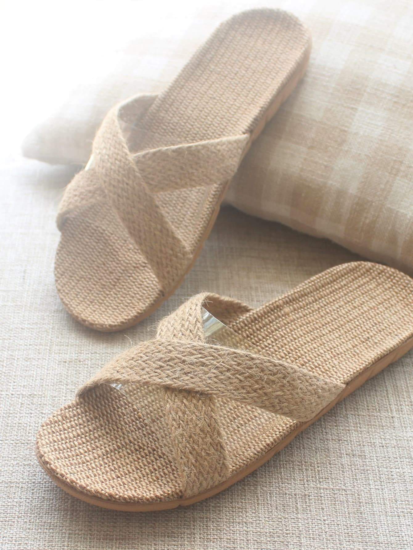 Khaki Cross Strap Linen Slippers