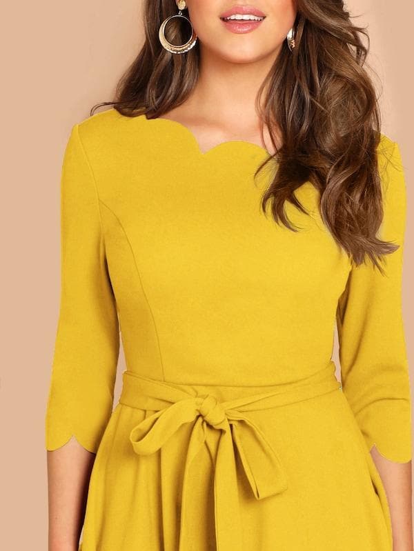 Round NeckThree Quarter Sleeve Scallop Trim Belted Fit & Flare Dress