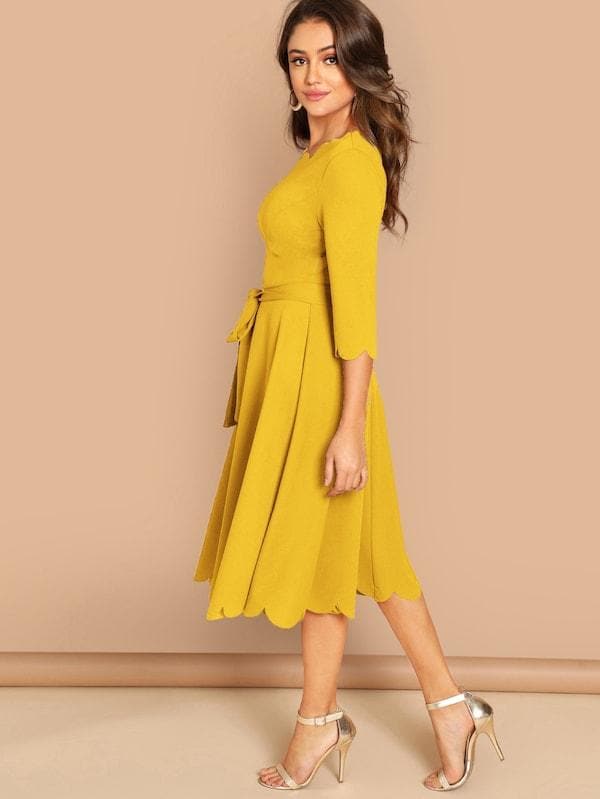 Round NeckThree Quarter Sleeve Scallop Trim Belted Fit & Flare Dress