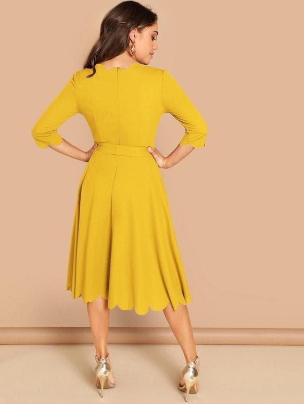 Round NeckThree Quarter Sleeve Scallop Trim Belted Fit & Flare Dress