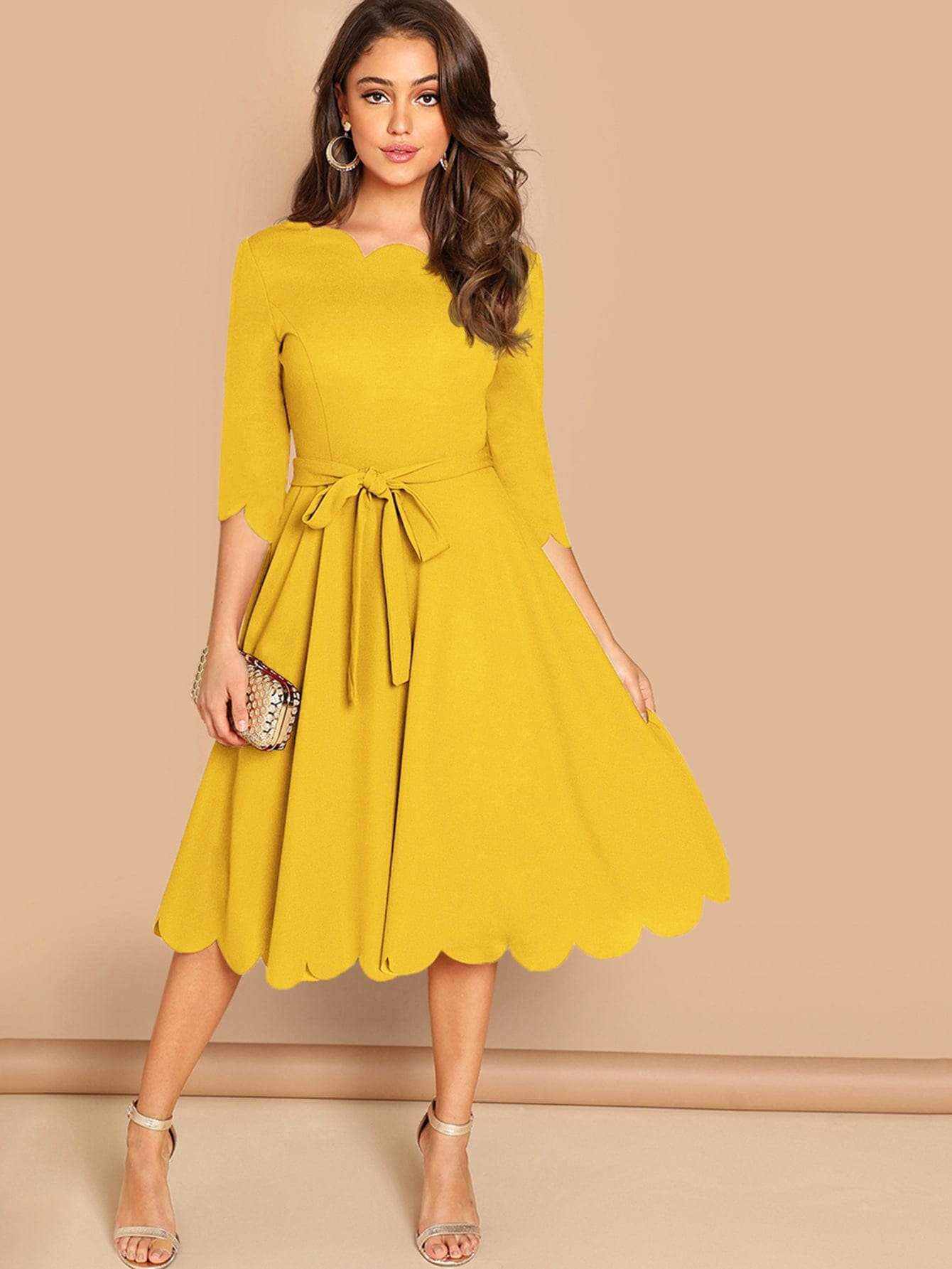 Round NeckThree Quarter Sleeve Scallop Trim Belted Fit & Flare Dress