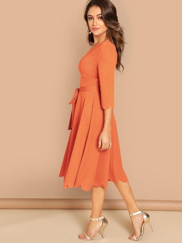 Round NeckThree Quarter Sleeve Scallop Trim Belted Fit & Flare Dress