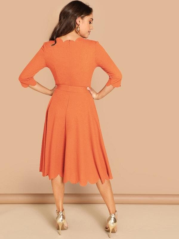 Round NeckThree Quarter Sleeve Scallop Trim Belted Fit & Flare Dress