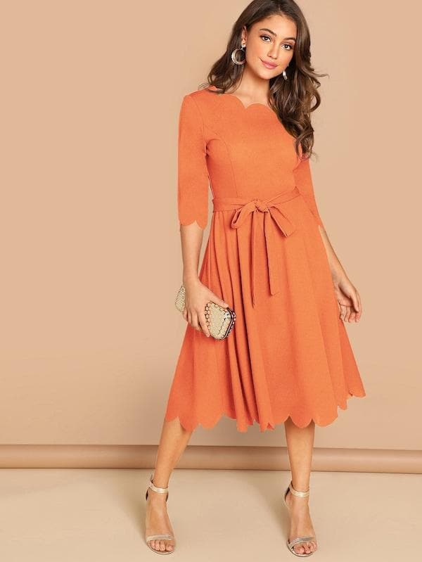 Round NeckThree Quarter Sleeve Scallop Trim Belted Fit & Flare Dress