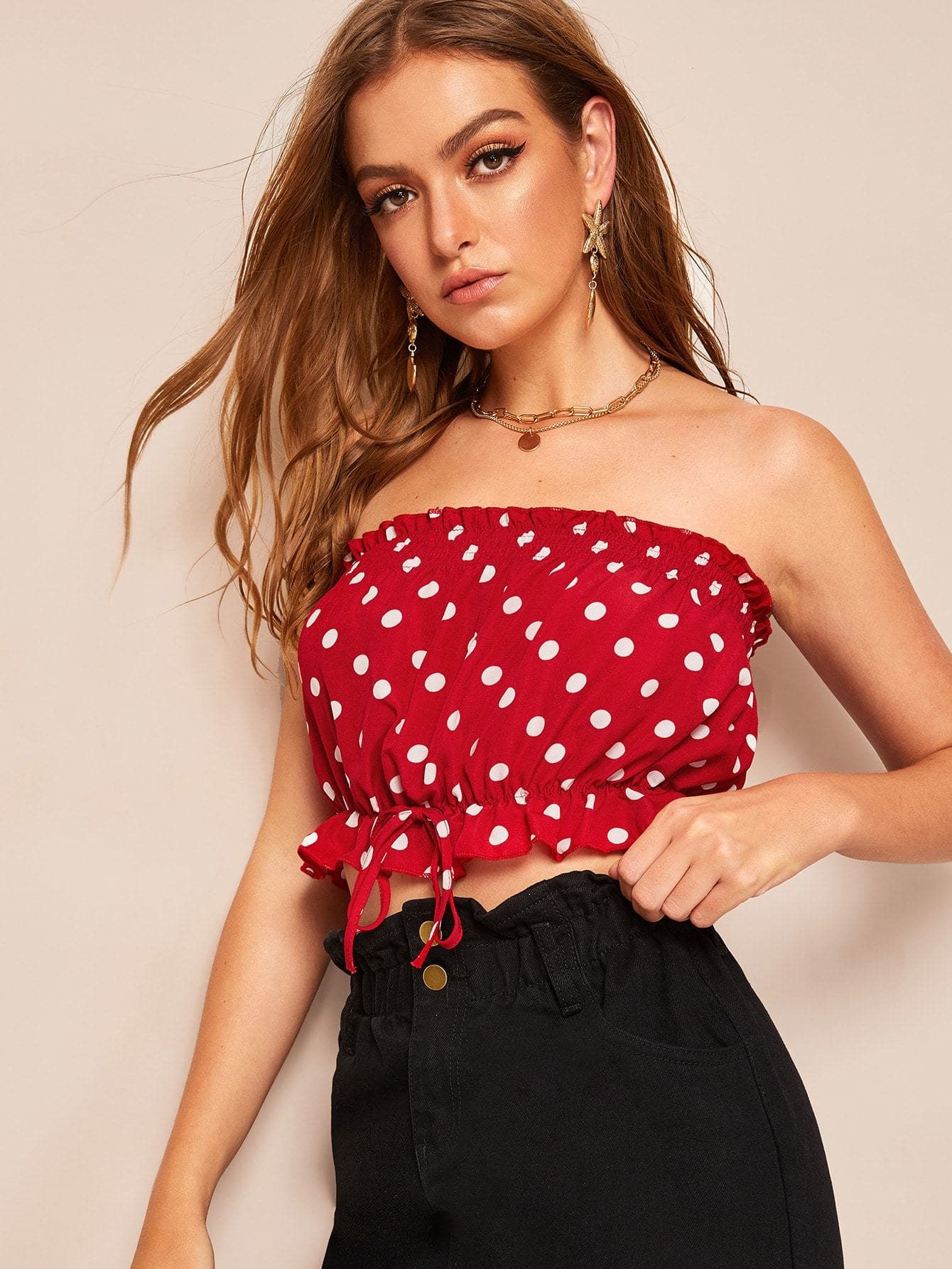 Red Strapless Polka-dot Print Ruffle Hem Shirred Bandeau Top
