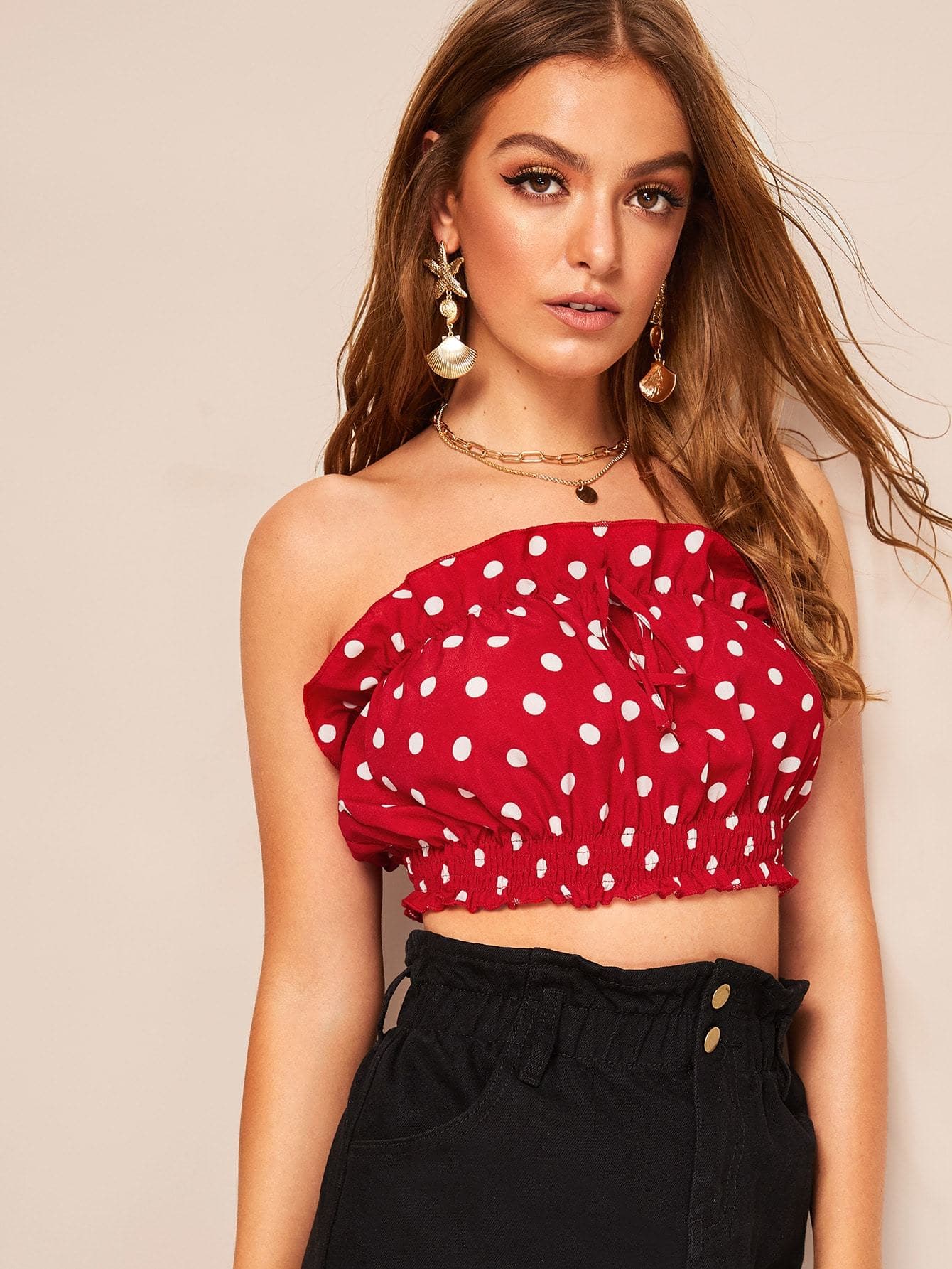 Red Strapless Polka-dot Print Ruffle Hem Shirred Bandeau Top