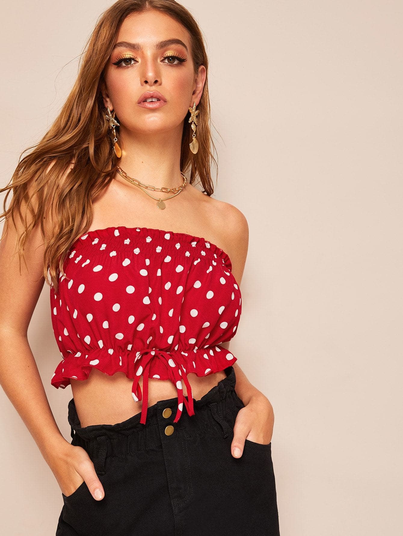 Red Strapless Polka-dot Print Ruffle Hem Shirred Bandeau Top