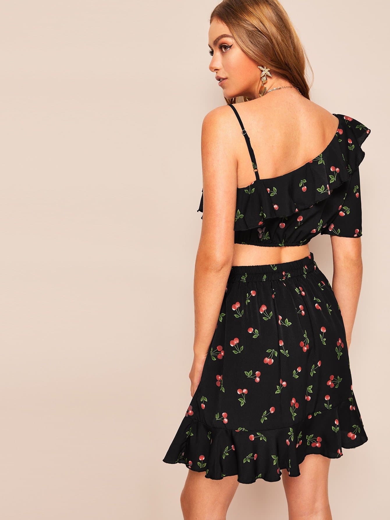 Black Asymmetrical Neck Cherry Top & Ruffle Hem Skirt Set