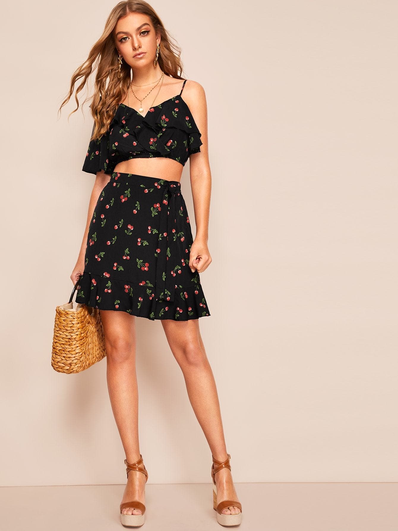 Black Asymmetrical Neck Cherry Top & Ruffle Hem Skirt Set