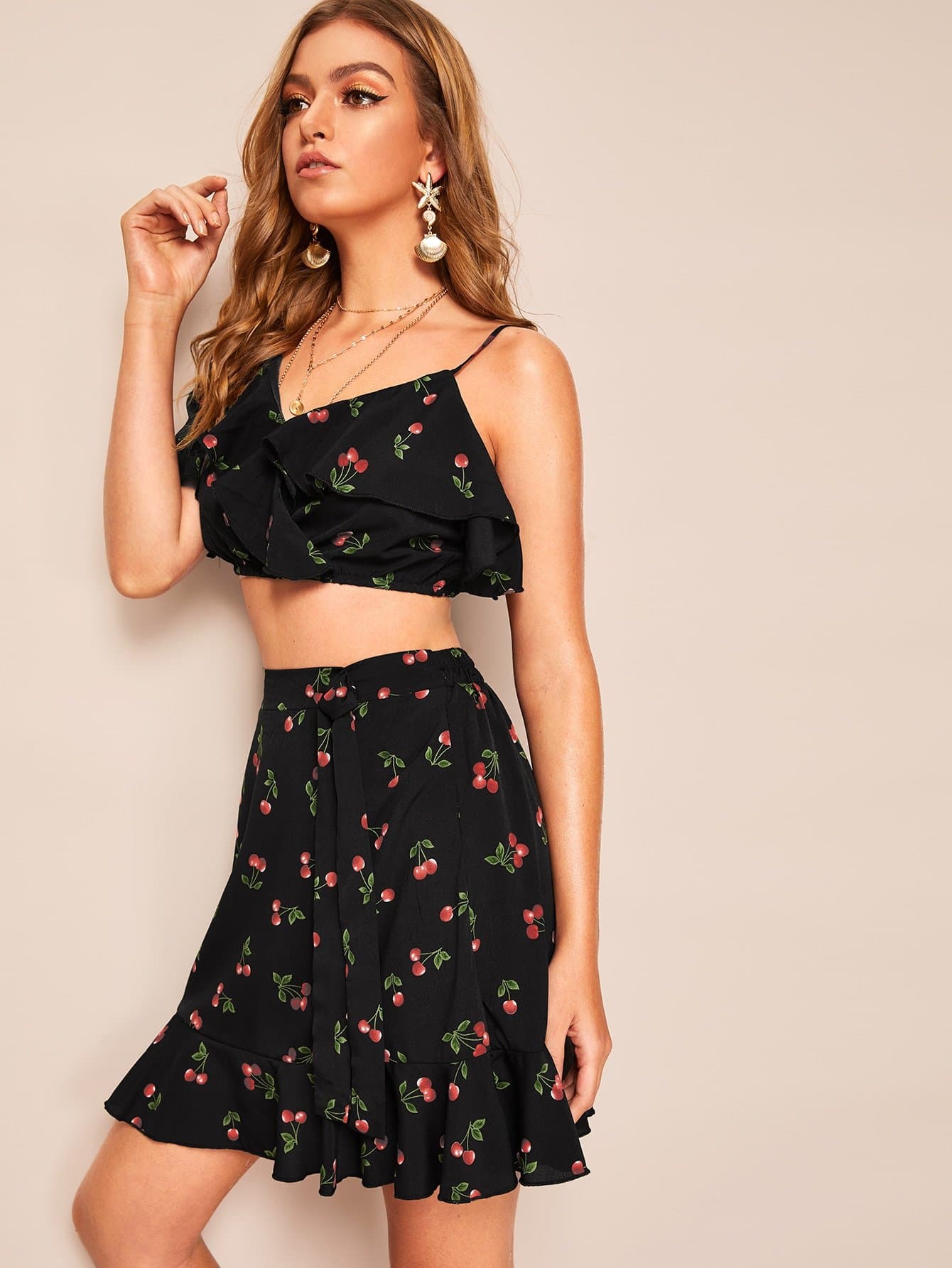 Black Asymmetrical Neck Cherry Top & Ruffle Hem Skirt Set
