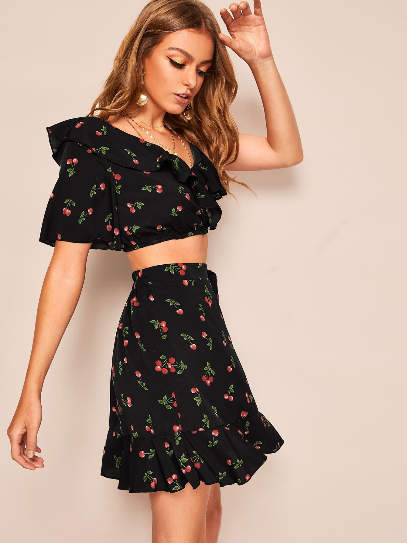 Black Asymmetrical Neck Cherry Top & Ruffle Hem Skirt Set