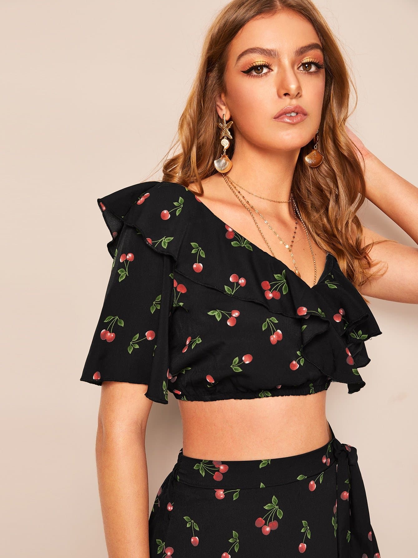 Black Asymmetrical Neck Cherry Top & Ruffle Hem Skirt Set