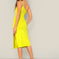 Spaghetti Strap Sleeveless Neon Yellow Split Side One Shoulder Cami Dress
