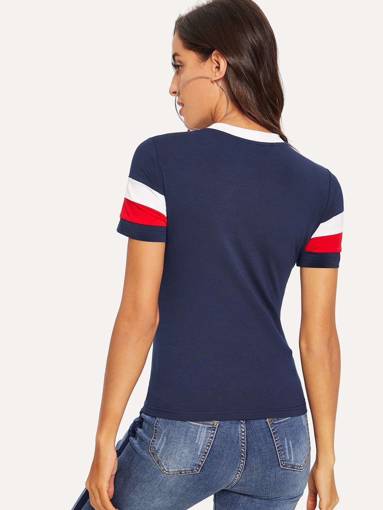Navy Blue Short Sleeved Round Neck Colorblock Striped Ringer Top