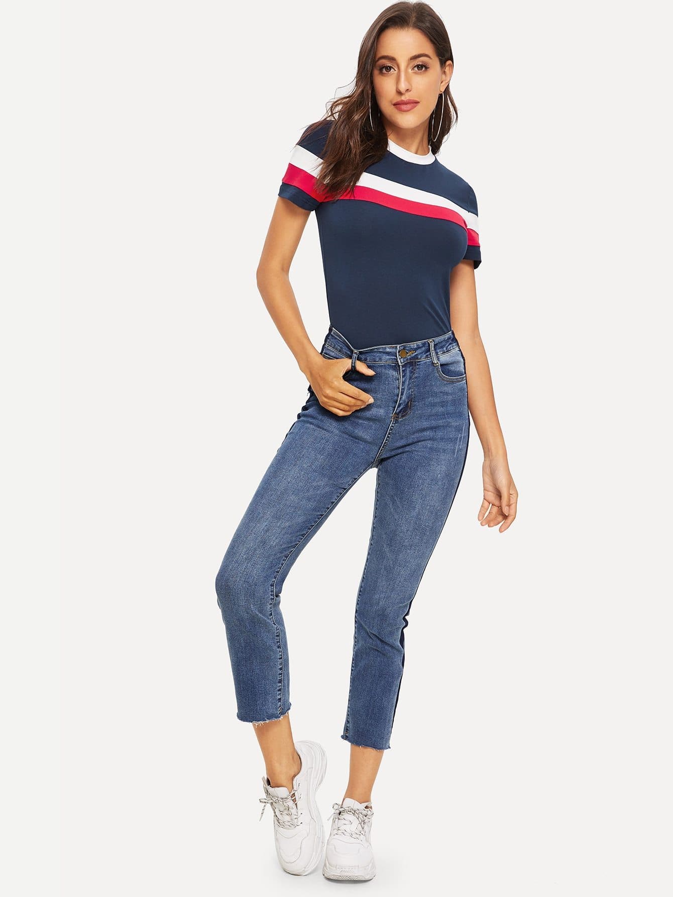 Navy Blue Short Sleeved Round Neck Colorblock Striped Ringer Top