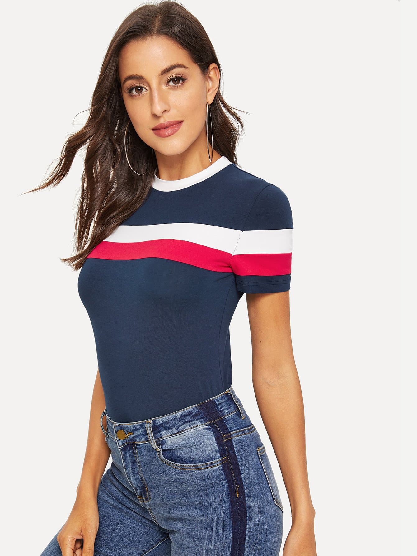 Navy Blue Short Sleeved Round Neck Colorblock Striped Ringer Top