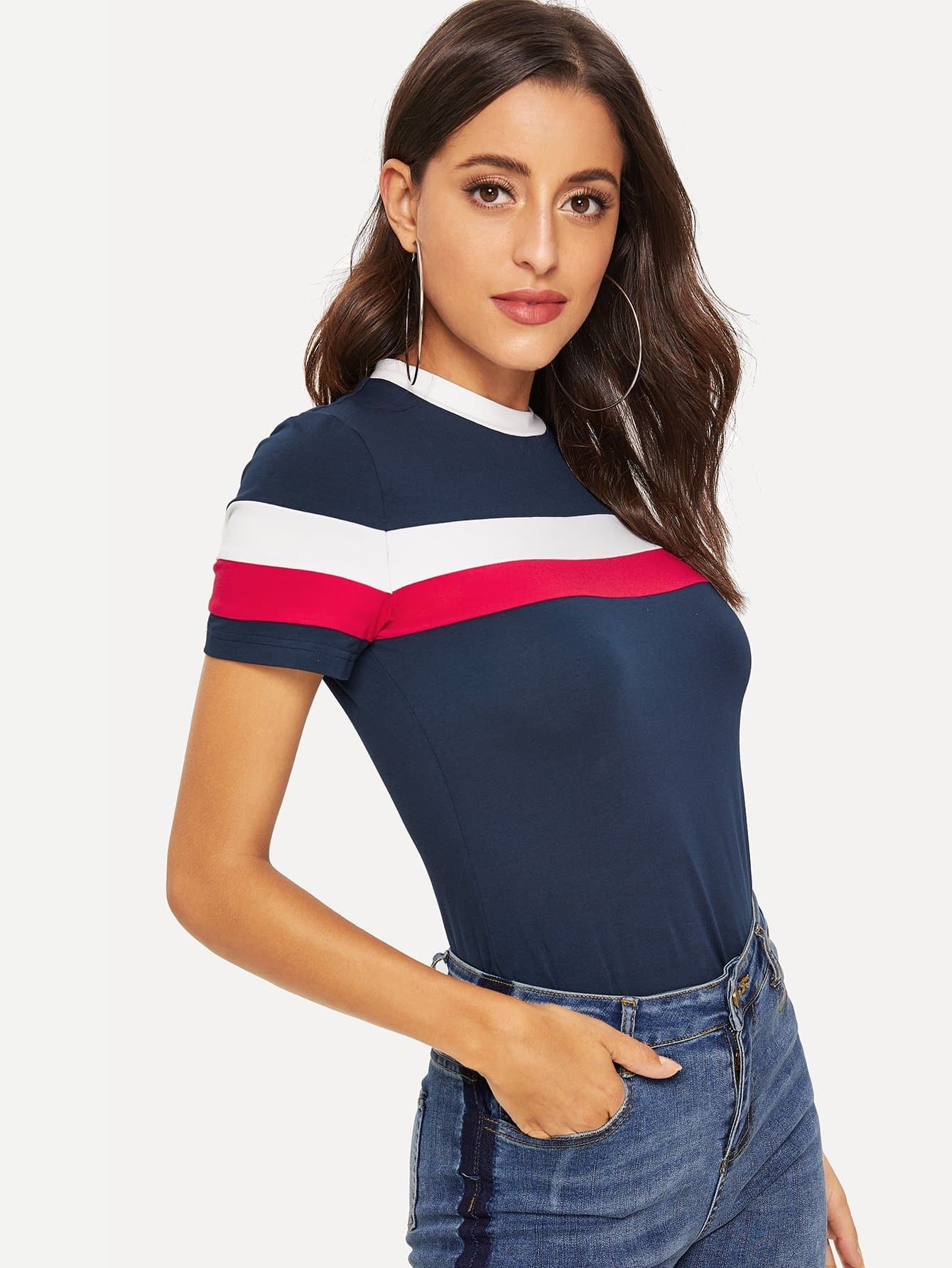 Navy Blue Short Sleeved Round Neck Colorblock Striped Ringer Top