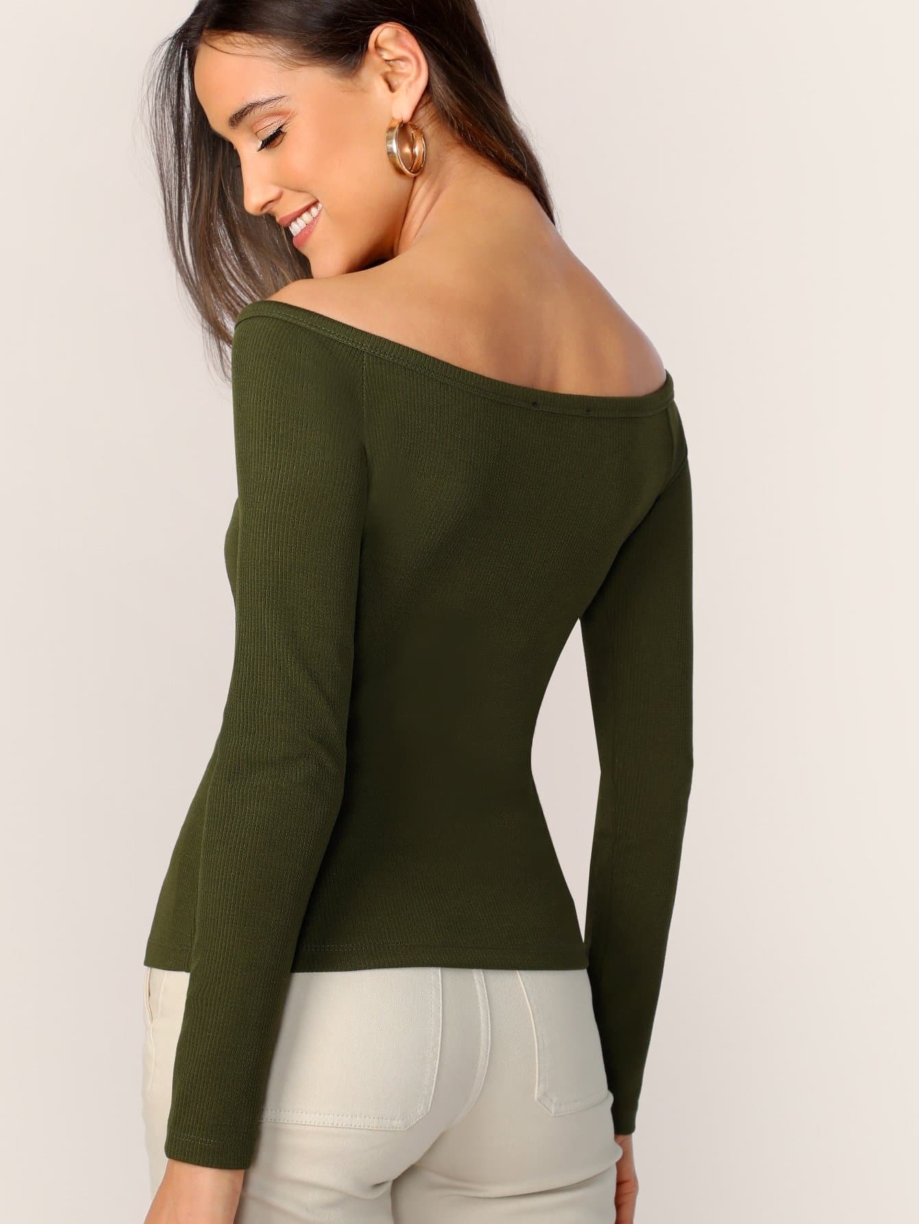 Off Shoulder Press Buttoned Front Rib-knit Bardot Tee Top