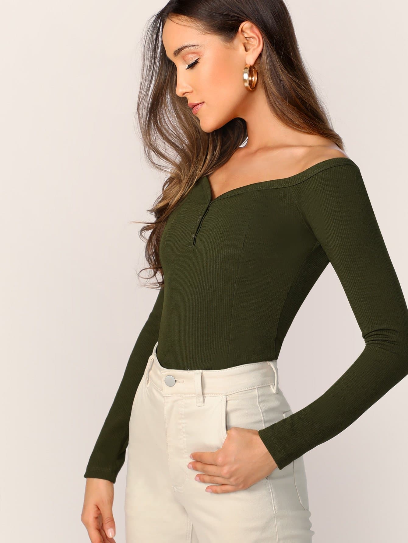 Off Shoulder Press Buttoned Front Rib-knit Bardot Tee Top