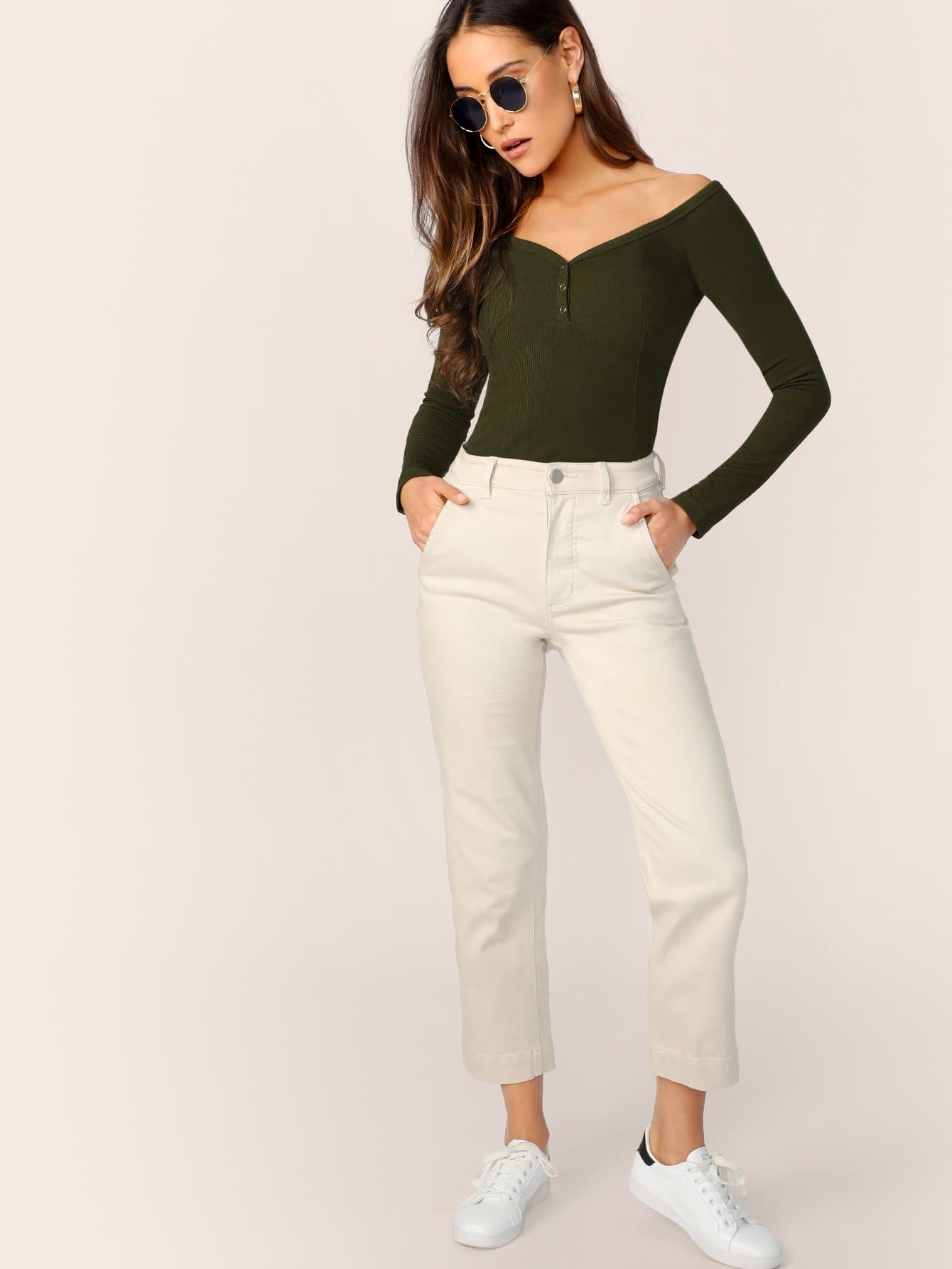 Off Shoulder Press Buttoned Front Rib-knit Bardot Tee Top