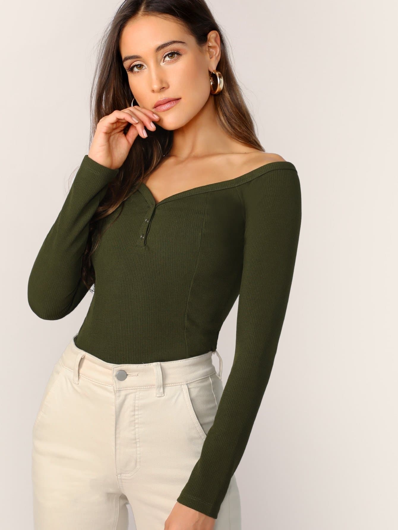 Off Shoulder Press Buttoned Front Rib-knit Bardot Tee Top