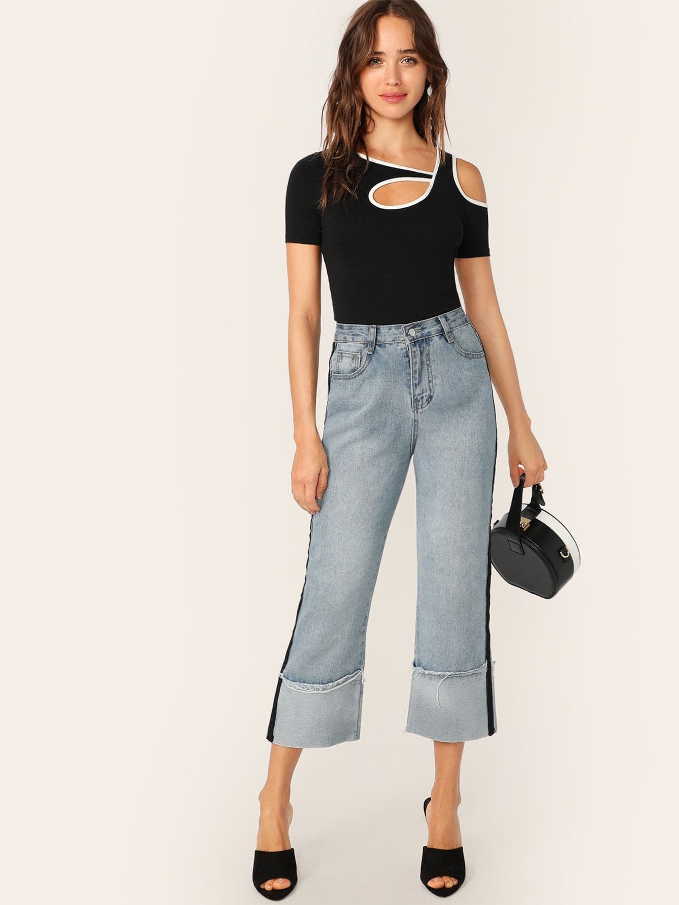 Black Short Sleeve Contrast Binding Cutout Detail Top