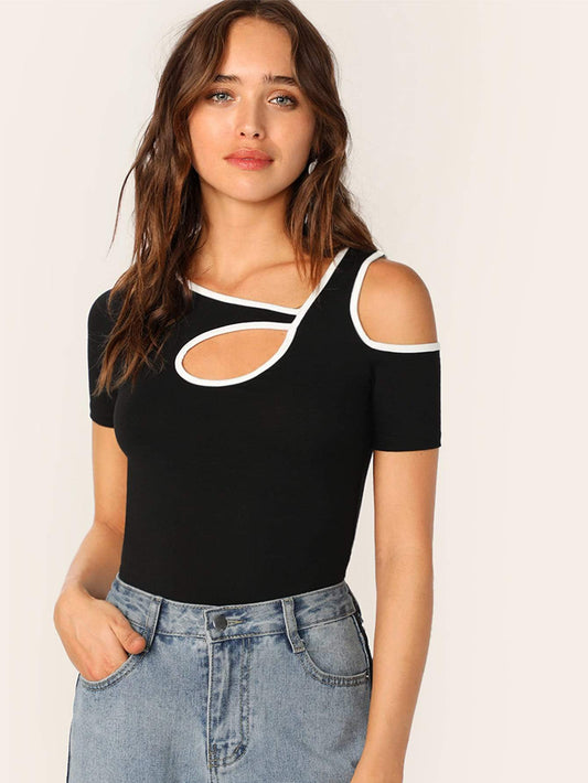 Black Short Sleeve Contrast Binding Cutout Detail Top