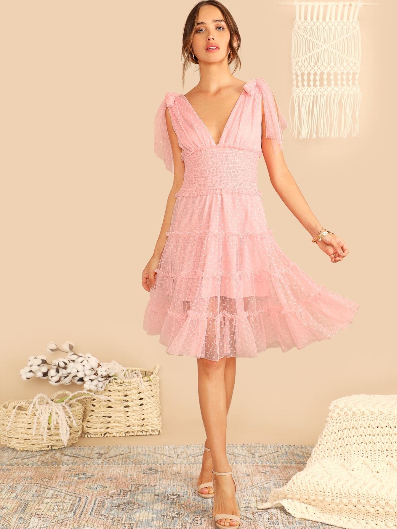 Sleeveless Shoulder Knot Plunging Neck Mesh Dress