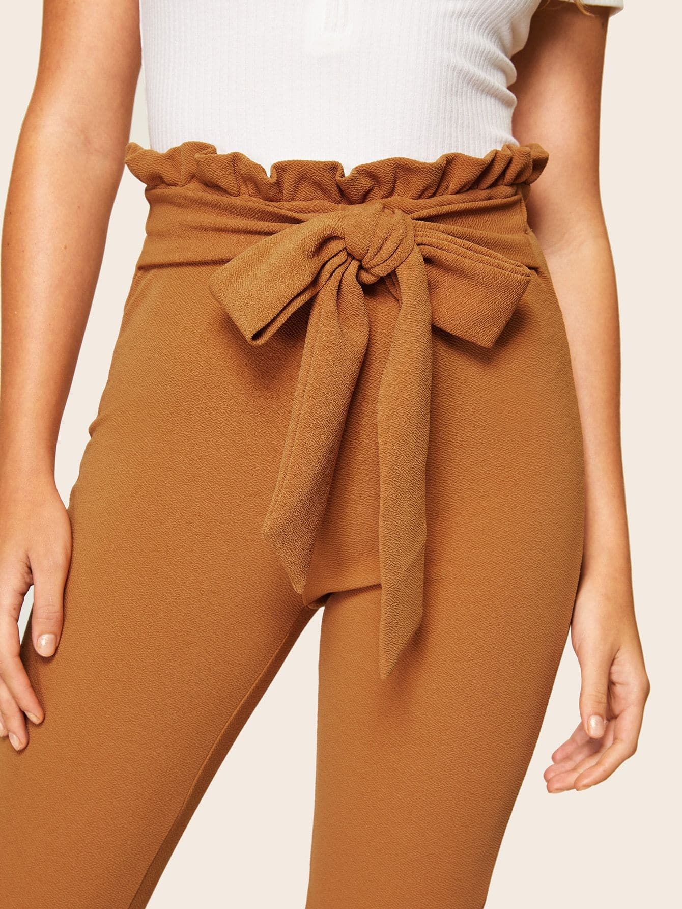 Skinny Frill Trim Bow Tie Waist Solid Pants