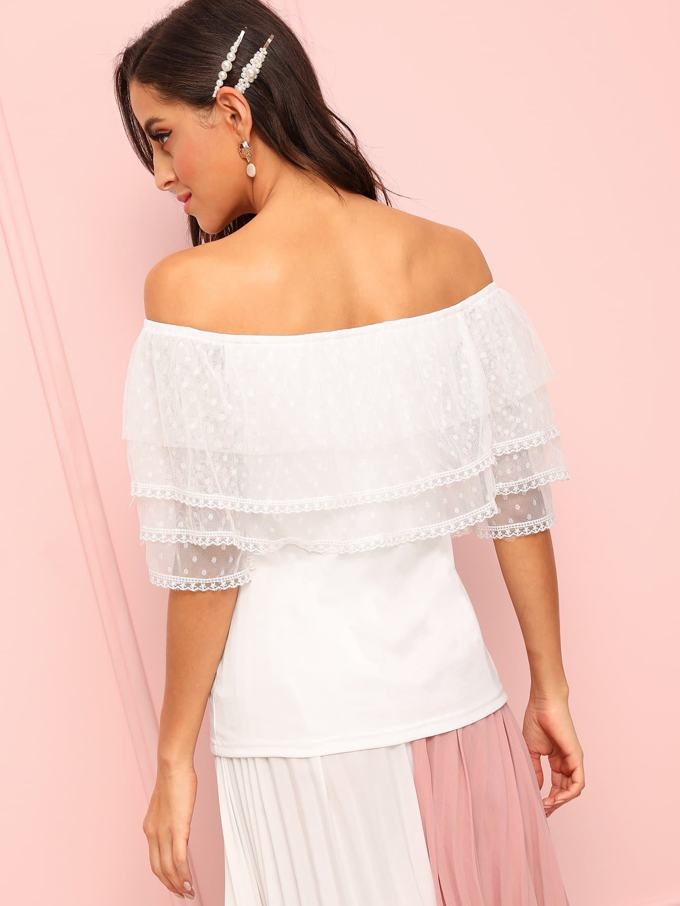 White Off Shoulder Mesh Trim Top