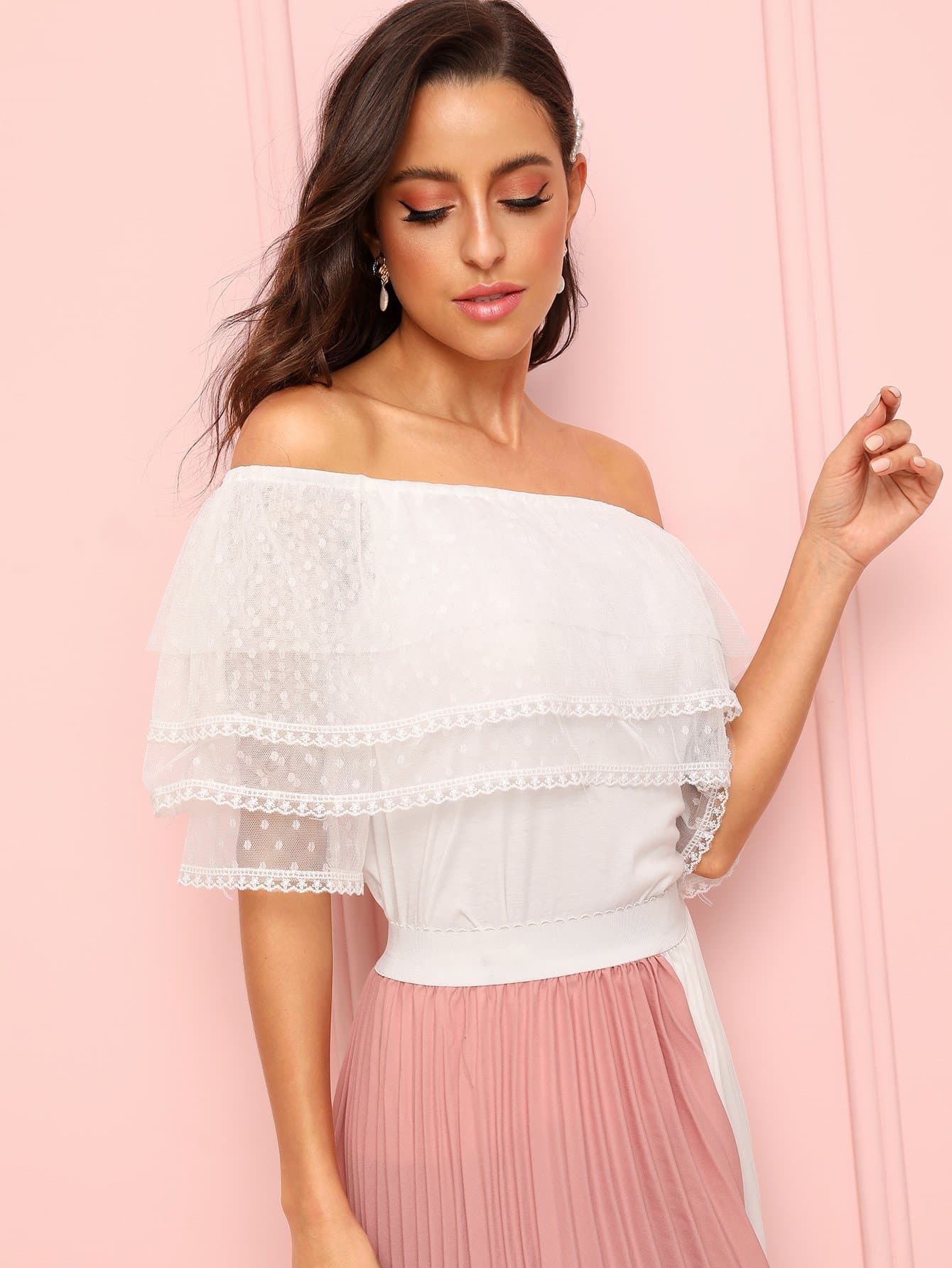 White Off Shoulder Mesh Trim Top