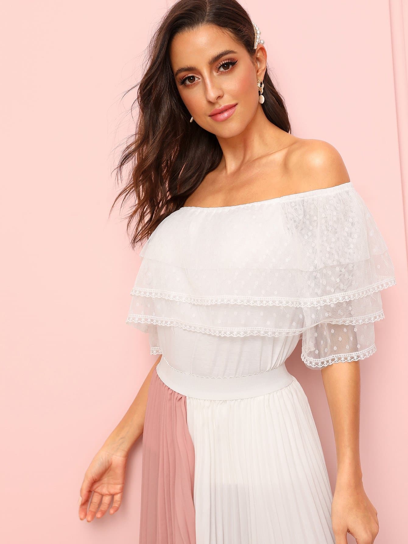 White Off Shoulder Mesh Trim Top